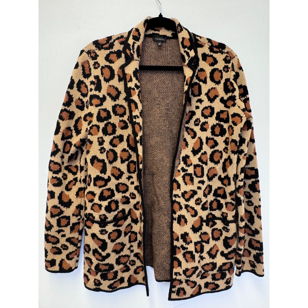 Talbots‎ Leopard Print Wool Blend Open Front Cardigan Sweater Tan Black XS
